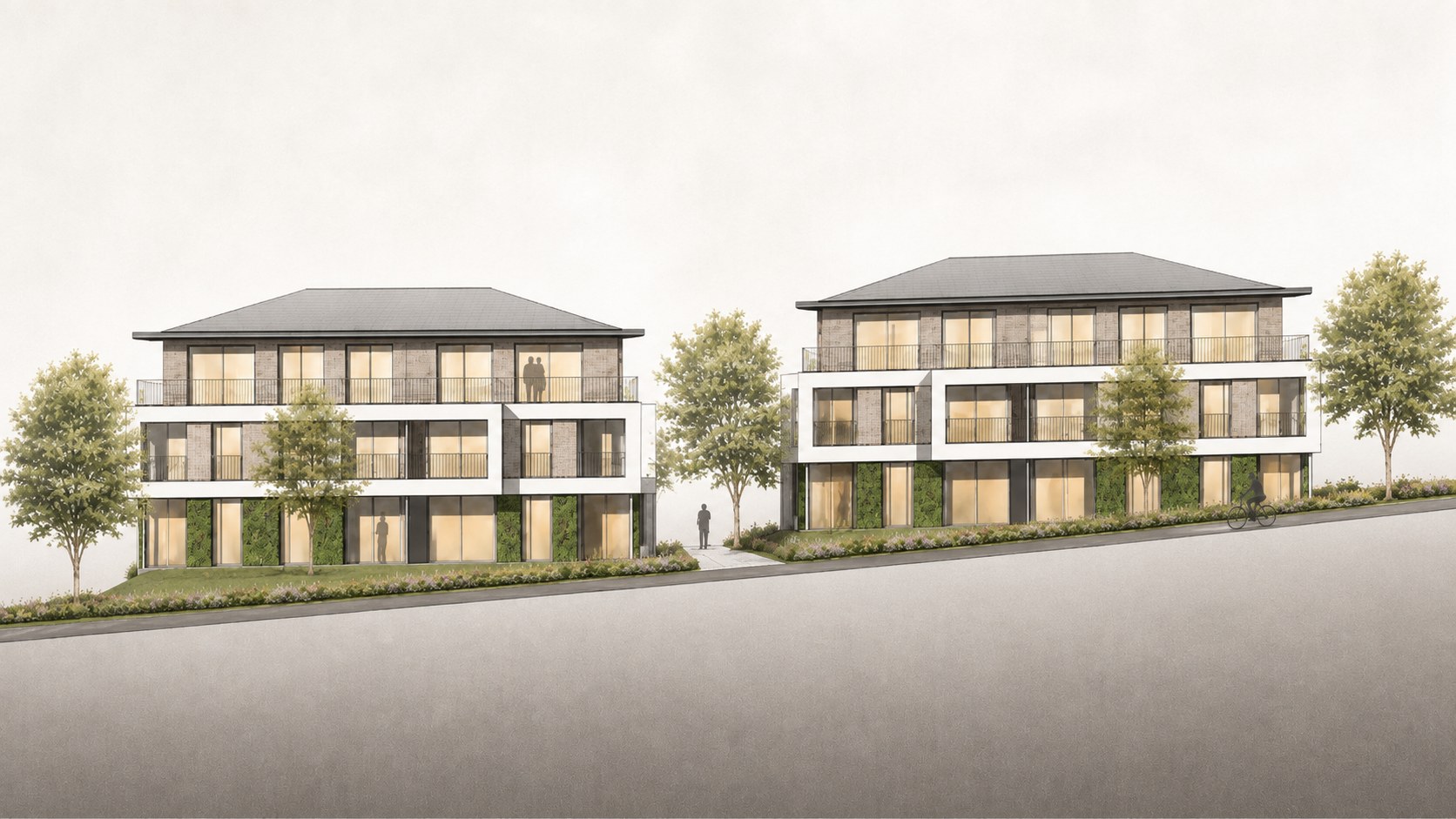 Hapberg I — Straßenansicht der beiden Häuser mit begrünter Erdgeschossfassade und zurückgesetzten Obergeschossen