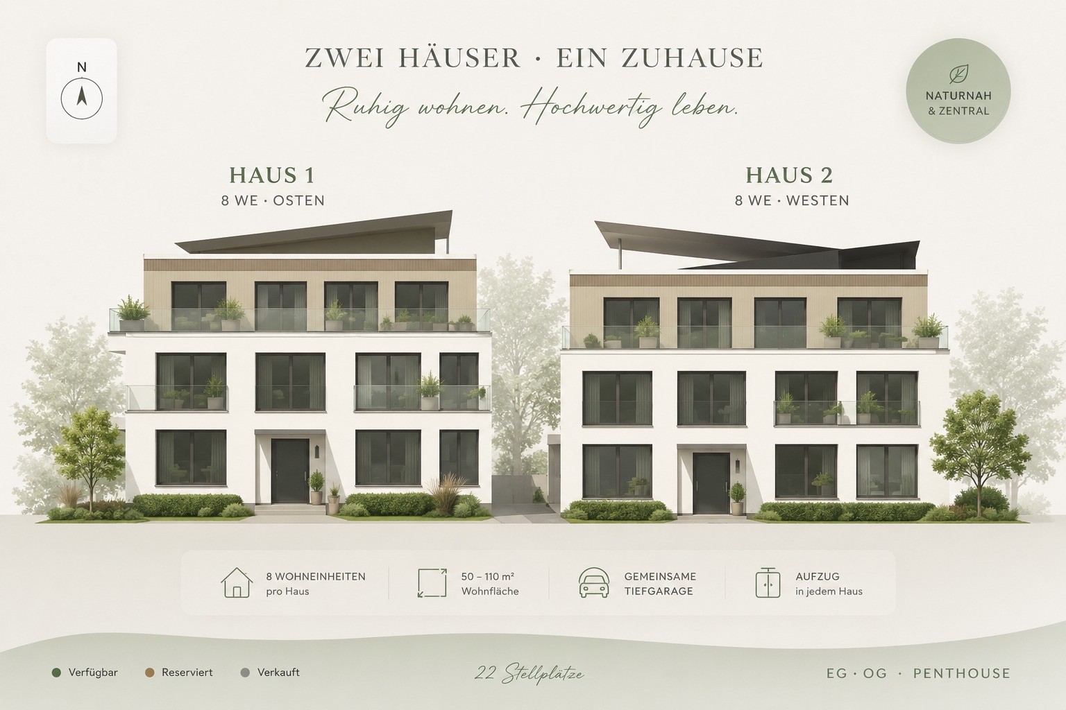 Hapberg I — Ansicht der beiden Häuser mit Wohneinheiten, Stellplätzen und Ausstattung