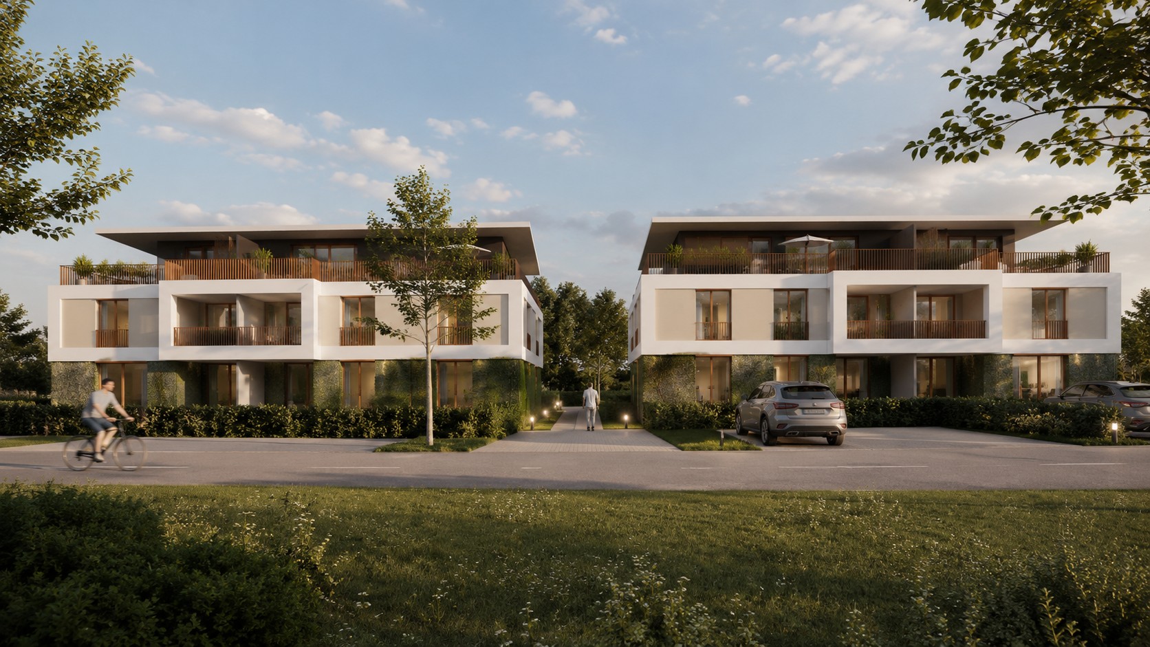 Hapberg I Bernried — Außenansicht der beiden Häuser mit Garten und Zufahrt
